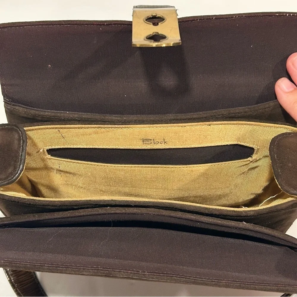 VINTAGE BLOCK Woman’s Handbag Brown Suede Gold accents Shoulder Strap